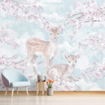 Wall murals Fawns amidst blossoms in pastel hues