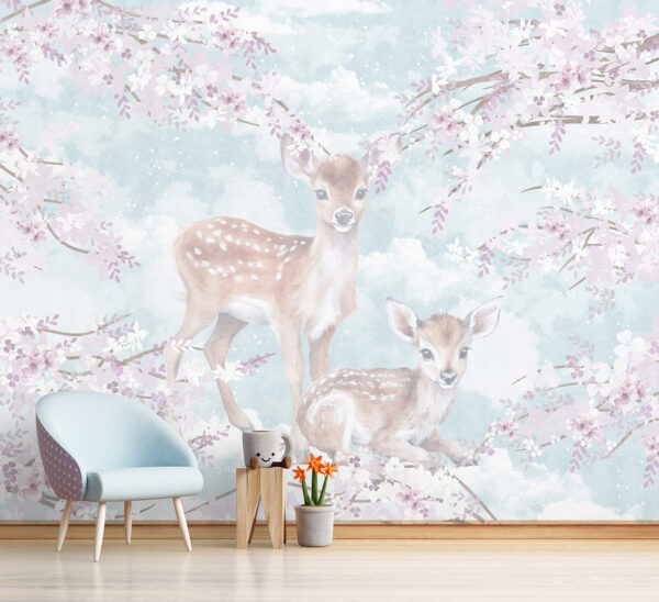 Fawns amidst blossoms in pastel hues Wall murals Fawns amidst blossoms in pastel hues