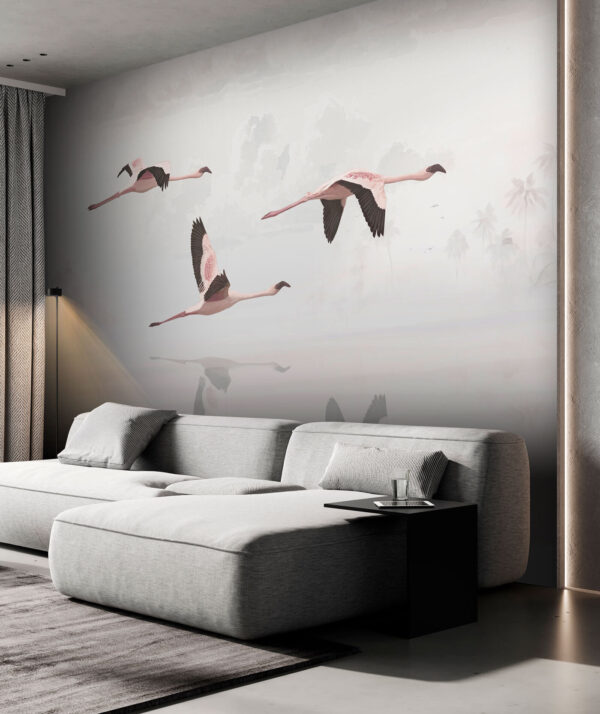 Group of flamingos flying over water Wall murals Group of flamingos flying over water