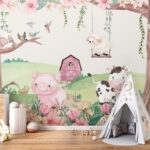 Wall murals Pink barn with a chicken in the window