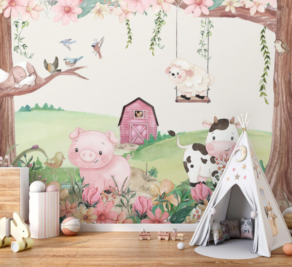 Pink barn with a chicken in the window Wall murals Pink barn with a chicken in the window