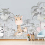 Wall murals Giraffe and elephant in a forest