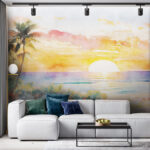 Wall murals Watercolor painting of a beach with palm trees and a sunset