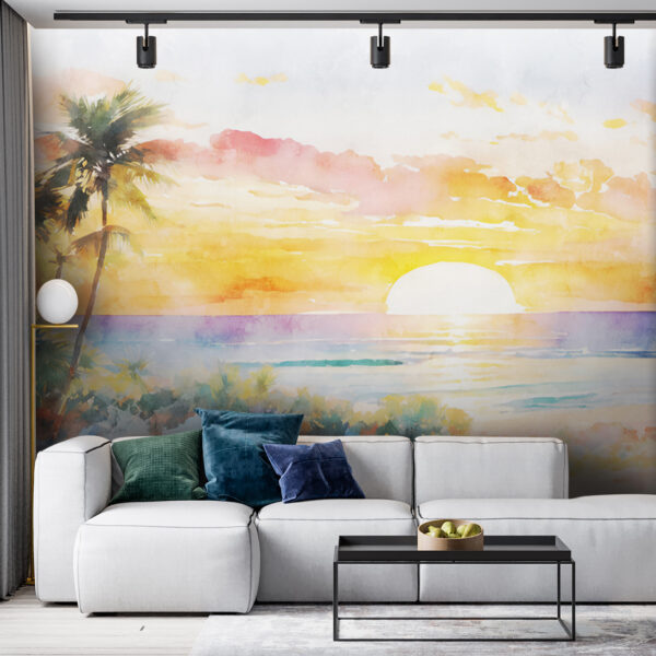 Watercolor painting of a beach with palm trees and a sunset Wall murals Watercolor painting of a beach with palm trees and a sunset