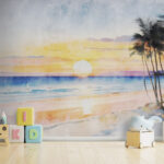Wall murals Watercolor of a beach with palm trees and a sunset