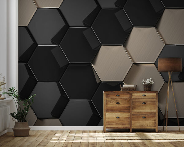 Wall mural Wall mural Hexagonal pattern in black and beige (SKU: u97138)