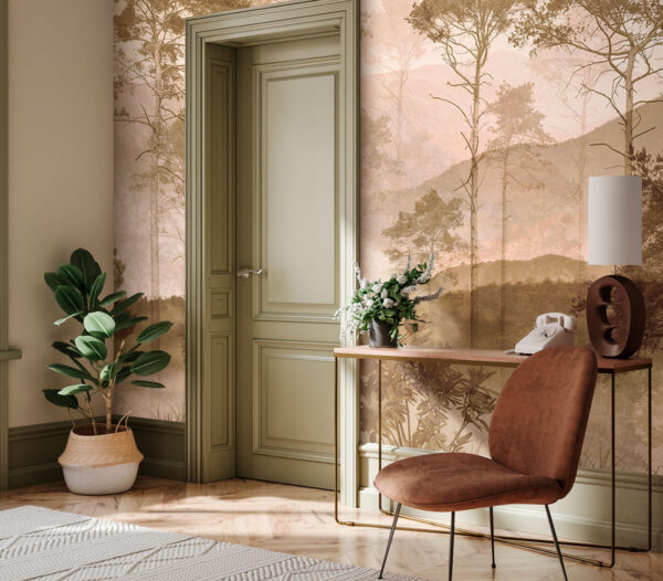 Wall mural Misty forest with distant mountains