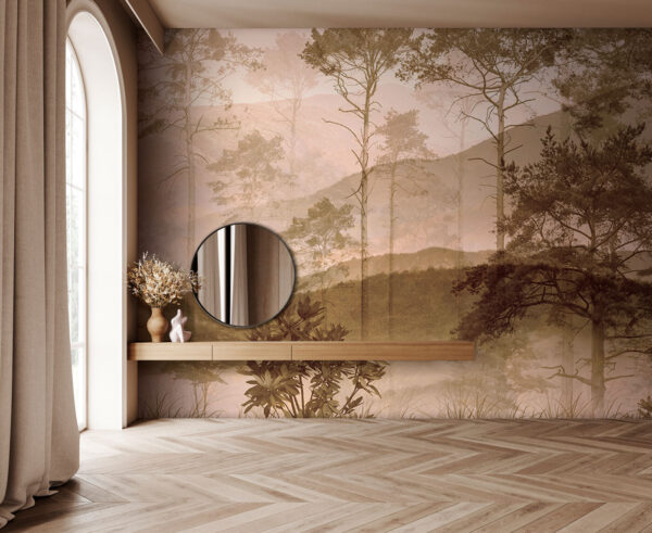 Misty forest with distant mountains Wall murals Misty forest with distant mountains