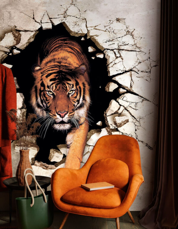 Tiger emerging through cracked wall Wall murals Tiger emerging through cracked wall