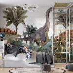 Wall murals Dinosaurs roaming through lush foliage.
