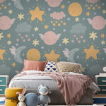 Wall murals Moon with wings and stars