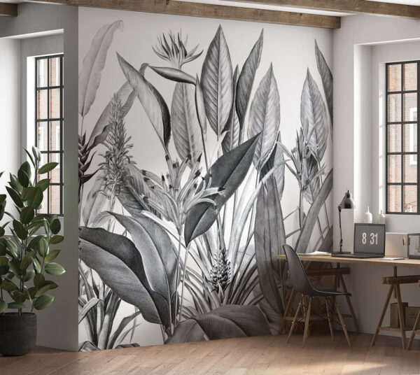 Tropical leaves in monochrome illustration Wall murals Tropical leaves in monochrome illustration