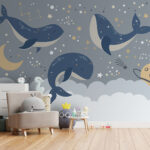 Wall murals Blue whale with white tail and stars