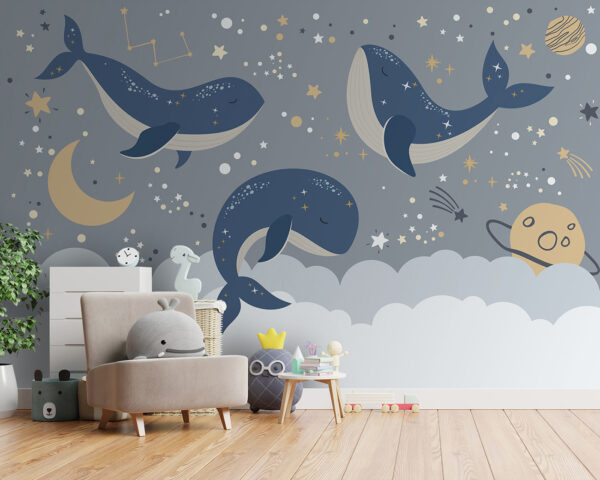 Blue whale with white tail and stars Wall murals Blue whale with white tail and stars