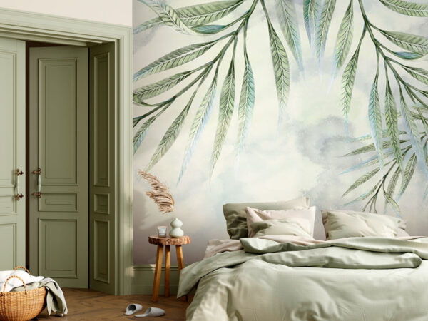 Elegant green leaves on pastel background Wall murals Elegant green leaves on pastel background