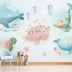 Wall murals Pink whale with flowers on its head