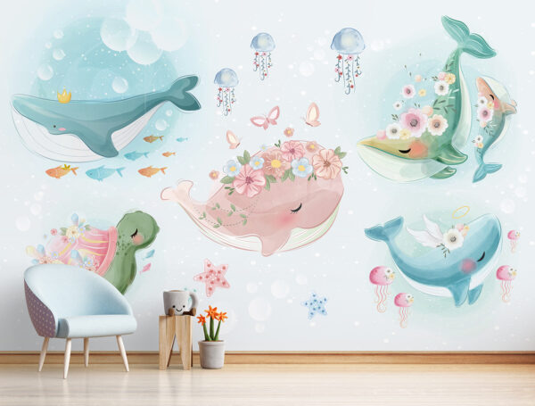 Pink whale with flowers on its head Wall murals Pink whale with flowers on its head