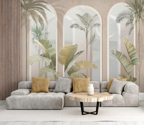 Arched windows with tropical plants Wall murals Arched windows with tropical plants