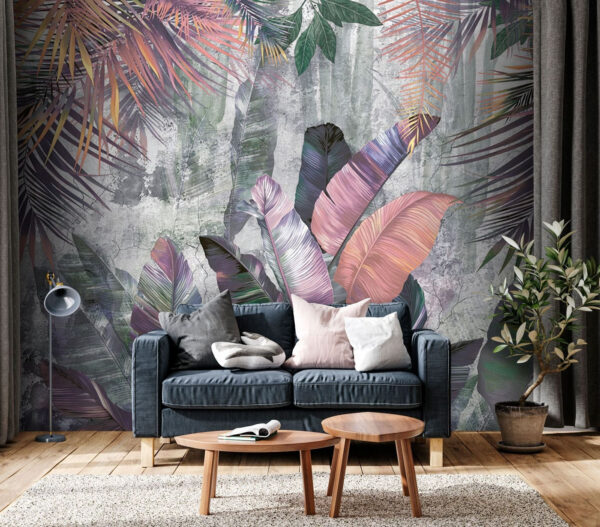 Colorful tropical leaves against wall Wall murals Colorful tropical leaves against wall