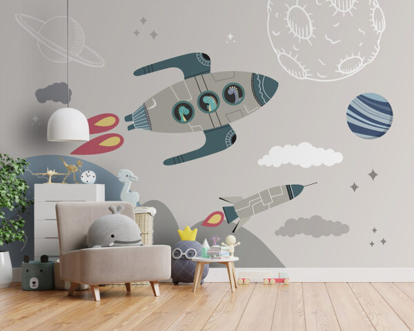 Dinosaurs explore space in rocketships Wall murals Dinosaurs explore space in rocketships