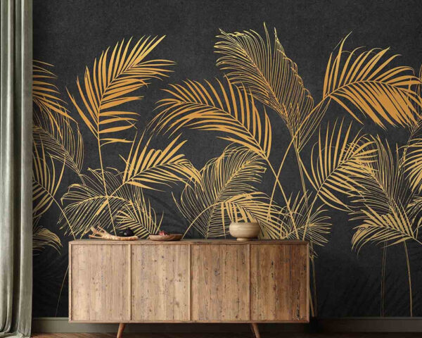 Yellow palm leaves on a black background Wall murals Yellow palm leaves on a black background