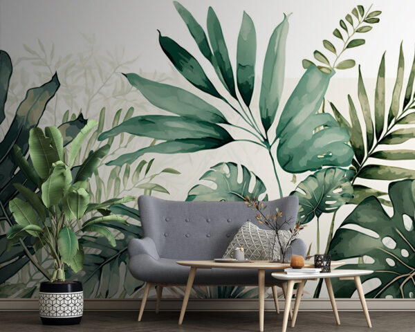Tropical leaves illustration in green Wall murals Tropical leaves illustration in green