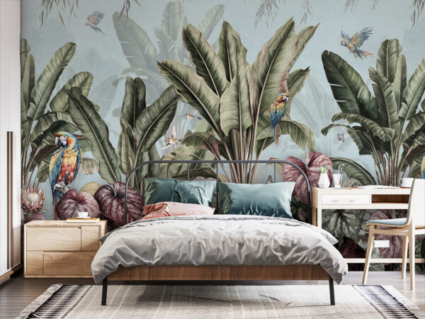 Wallpaper with tropical plants and birds Wall murals Wallpaper with tropical plants and birds