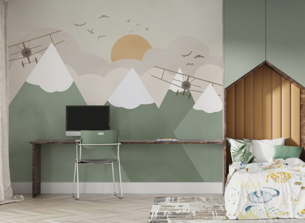 Biplanes soar over snowy peaks Wall murals Biplanes soar over snowy peaks