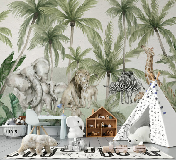 Jungle animals beneath the palm trees Wall murals Jungle animals beneath the palm trees
