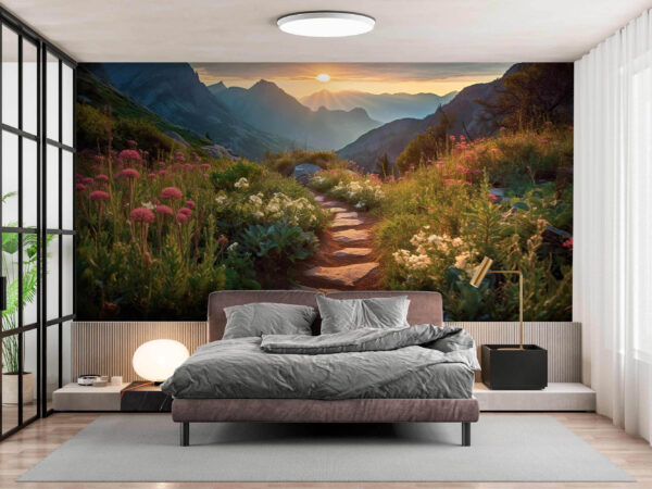 Mountain trail at sunrise, serene beauty Wall murals Mountain trail at sunrise, serene beauty