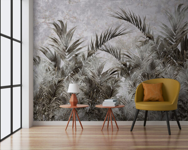 Tropical leaves against textured background Wall murals Tropical leaves against textured background