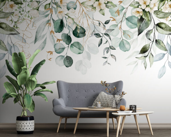 Botanical watercolor greenery with flowers Wall murals Botanical watercolor greenery with flowers