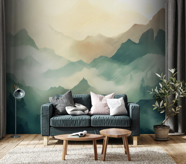 Misty mountains and trees at sunrise Wall murals Misty mountains and trees at sunrise