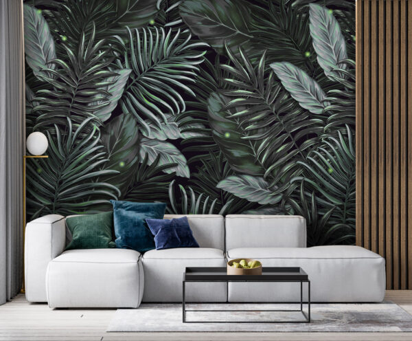 Lush tropical leaves and fireflies Wall murals Lush tropical leaves and fireflies