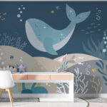 Wall murals Blue whale with stars and fish