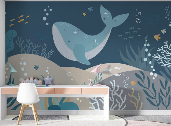 Blue whale with stars and fish Wall murals Blue whale with stars and fish