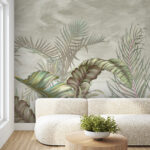 Wall murals Tropical leaves against a misty background.