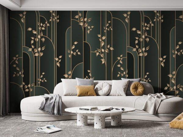 Elegant leaves on dark striped background Wall murals Elegant leaves on dark striped background
