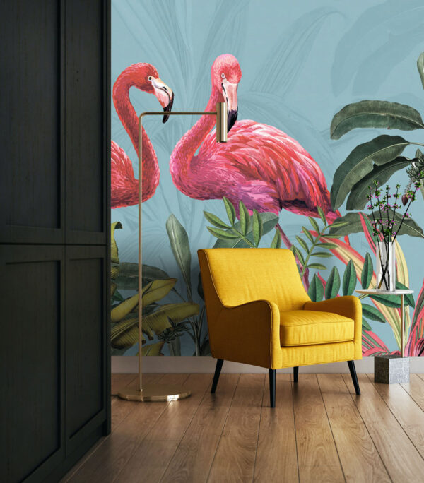Tropical flamingos among lush foliage Wall murals Tropical flamingos among lush foliage