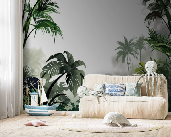 Group of palm trees in a foggy forest Wall murals Group of palm trees in a foggy forest