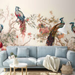 Wall murals Peacocks perched in vibrant trees.