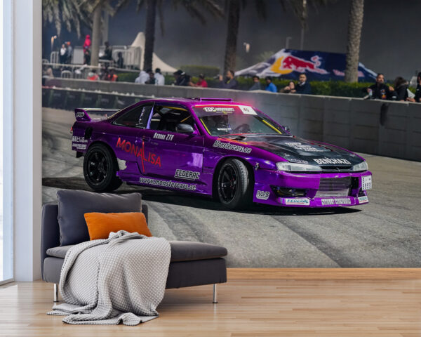 Purple car drifts on track Wall murals Purple car drifts on track