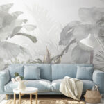 Wall murals Misty jungle with palm leaves.