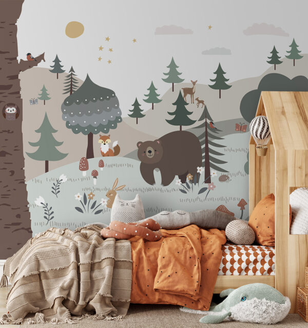 Whimsical animals in serene forest Wall murals Whimsical animals in serene forest