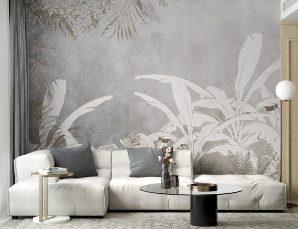 White and grey wallpaper with plants Wall murals White and grey wallpaper with plants