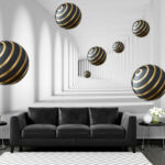 Wall murals Striped spheres hover in white corridor