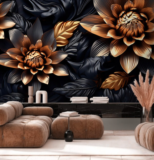 Metallic flowers with dark leaves design Wall murals Metallic flowers with dark leaves design