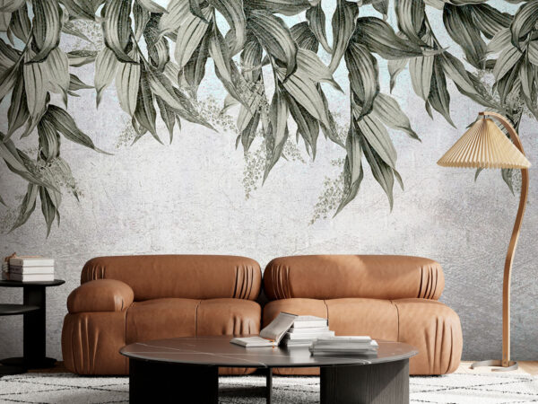 Hanging leaves on textured wall Wall murals Hanging leaves on textured wall