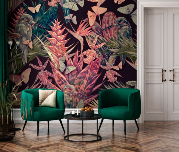 Colorful floral pattern with birds and butterflies Wall murals Colorful floral pattern with birds and butterflies