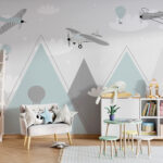 Wall murals Wallpaper with airplanes and hot air balloons